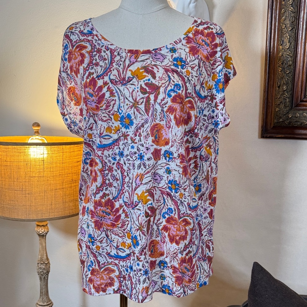 Joie Floral Paisley Short-Sleeve Blouse in White, Rust, Blue, Yellow